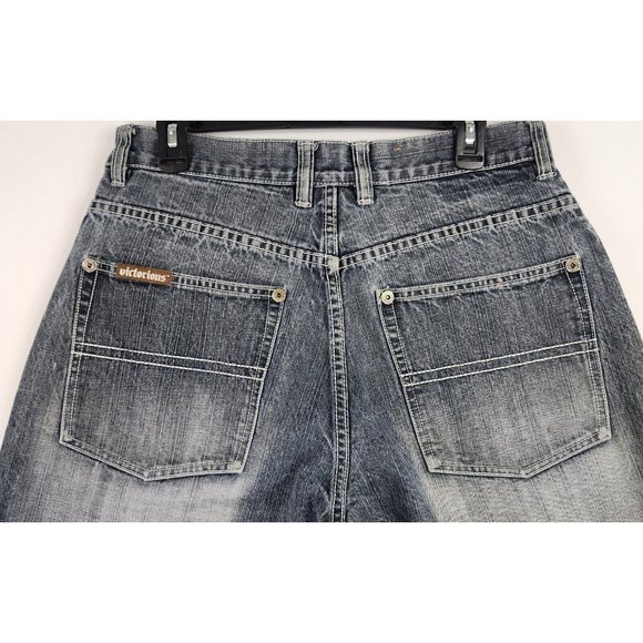 Victorious Urban Couture Shorts Mens 34 Blue Denim Painted Distressed Streetwear - Picture 9 of 14